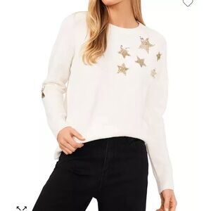 CeCe Crew Neck Gold Sequined Star Sweater Merino Wool Blend Size Medium
